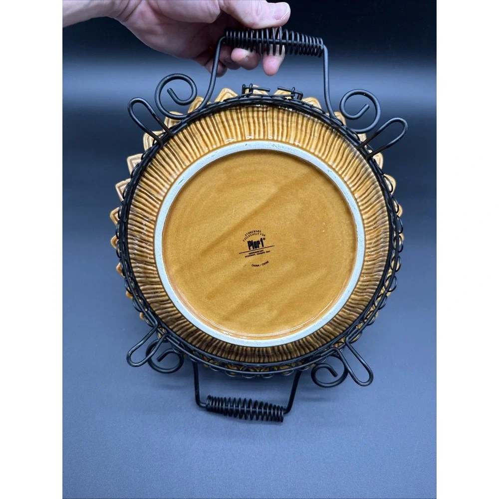 Sunflower Shaped Serving Plate Bowl Stoneware Attached Metal Trivet Stand Pier 1